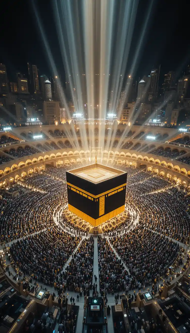Menschenmenge um die Kaaba unter strahlend leuchtenden Lichtern