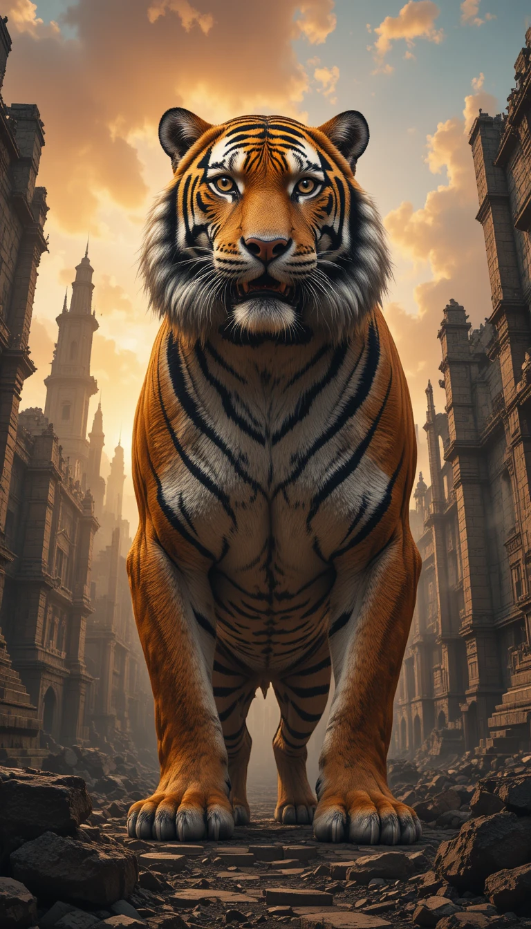 Tigre majestueux gardant des ruines sous un ciel de coucher de soleil dramatique