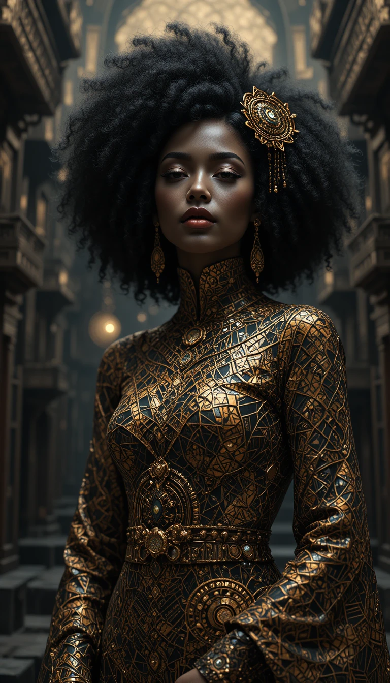 Afrofuturist geisha portrait in surreal black and gold space