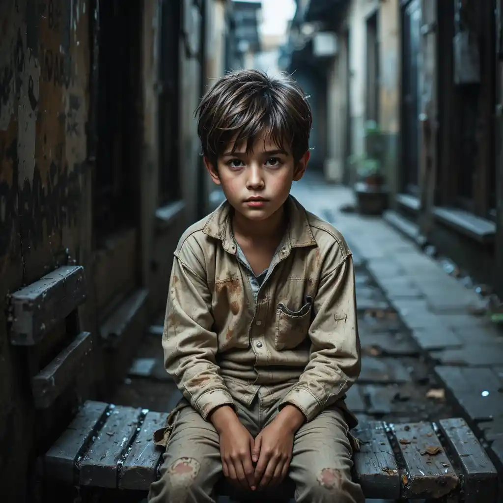 Young boy in tattered clothes sitting in a dim alley