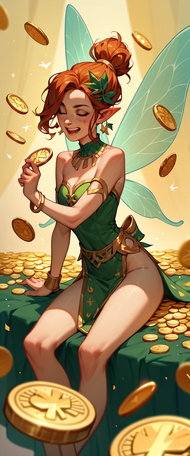 坐在金幣與幸運草中的財運小精靈