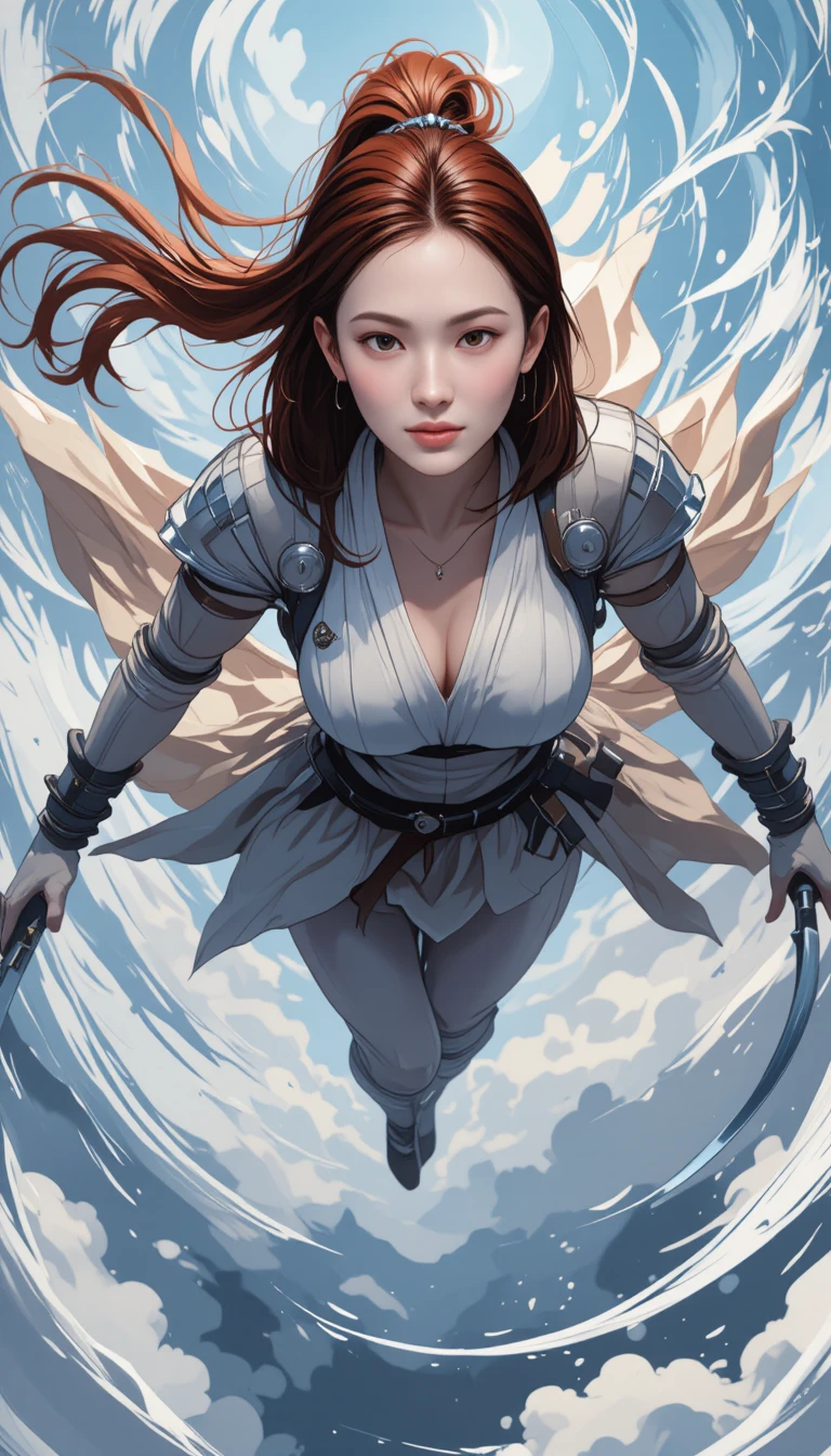 Fille rousse de fantasy volant avec deux lames courbes