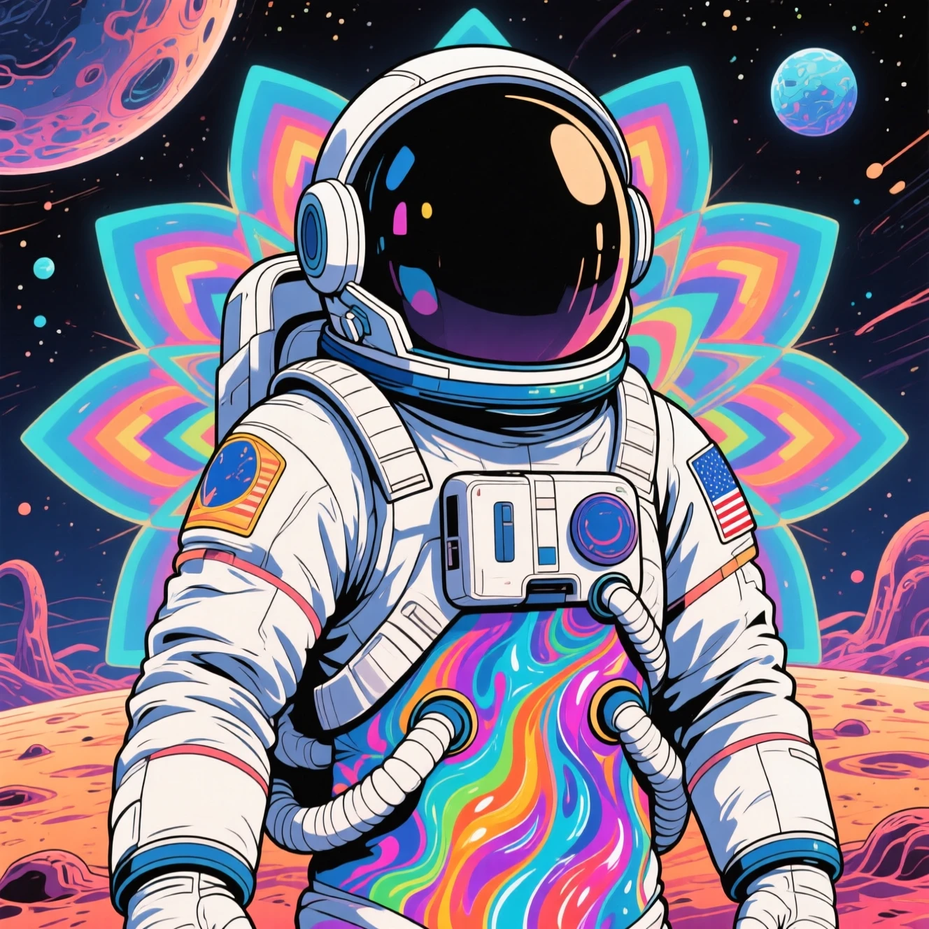 Astronauta in stile anime su pianeta alieno surreale (vista del busto)