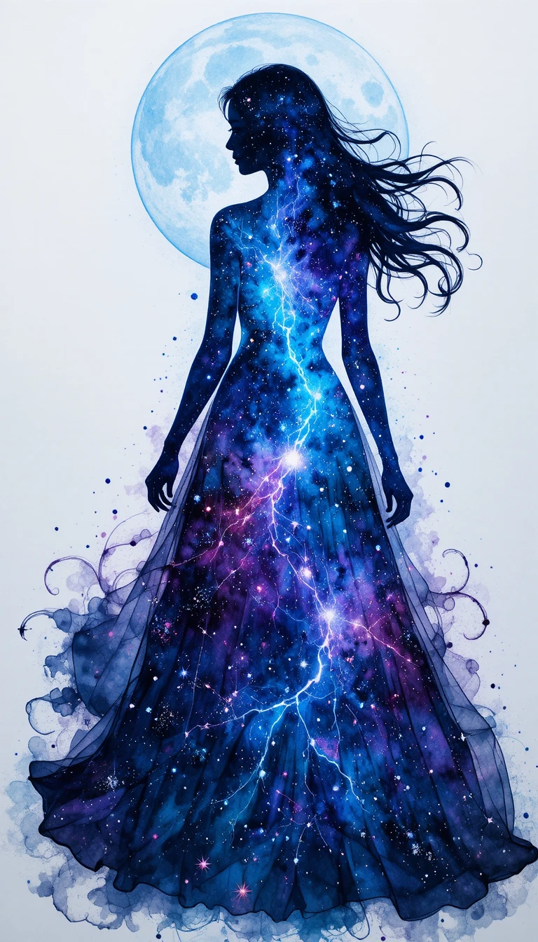 宇宙の星雲をまとった女性シルエットの水彩画