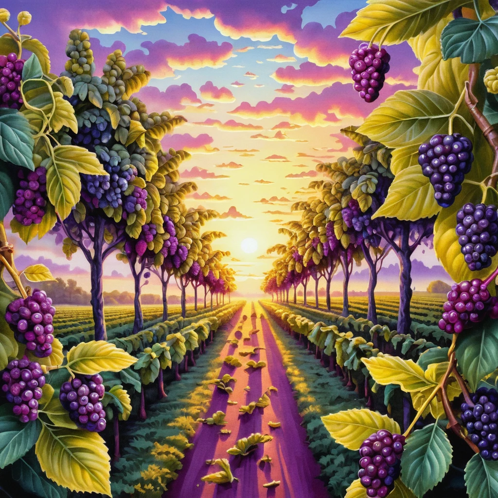 Plantation de mûriers au lever de soleil surréaliste en tons violets et jaunes
