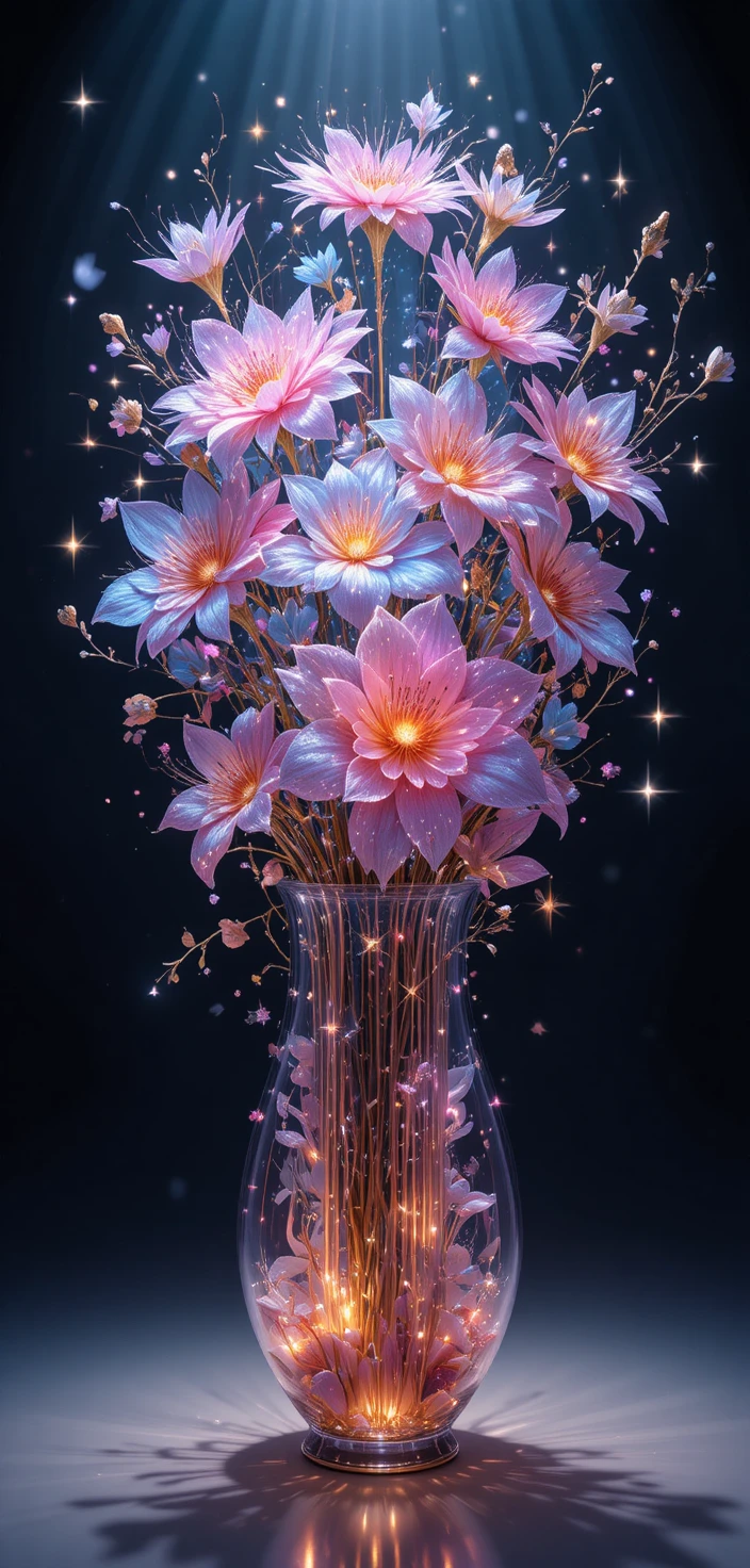 Ramo de flores fractales luminosas que emerge de un elegante jarrón