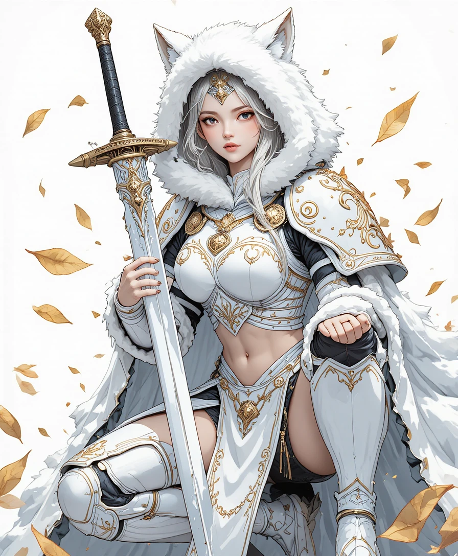 Anime snow valkyrie girl with giant sword in winter armor