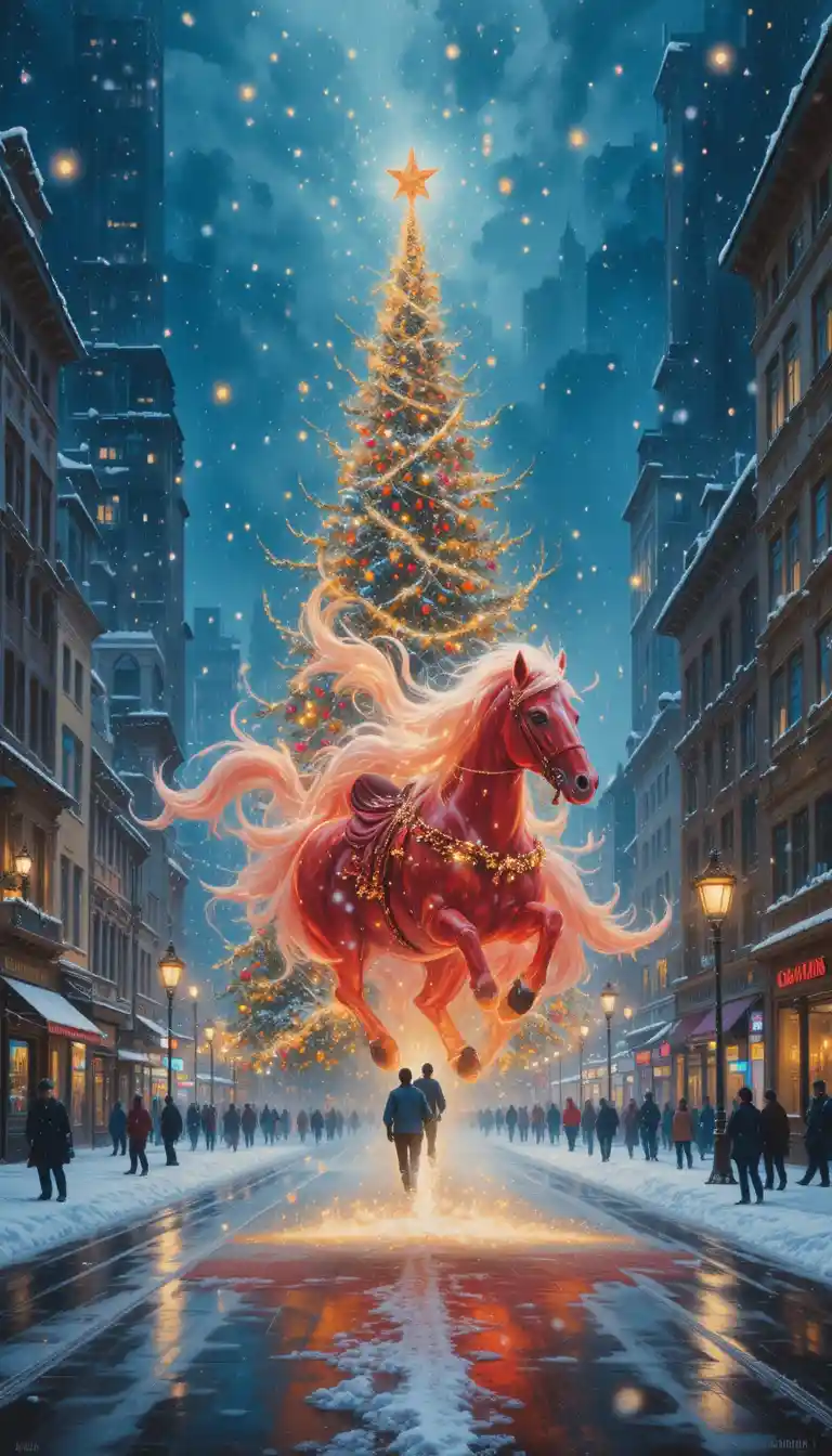 Cavalo fantasma vermelho correndo por rua nevada de cidade festiva