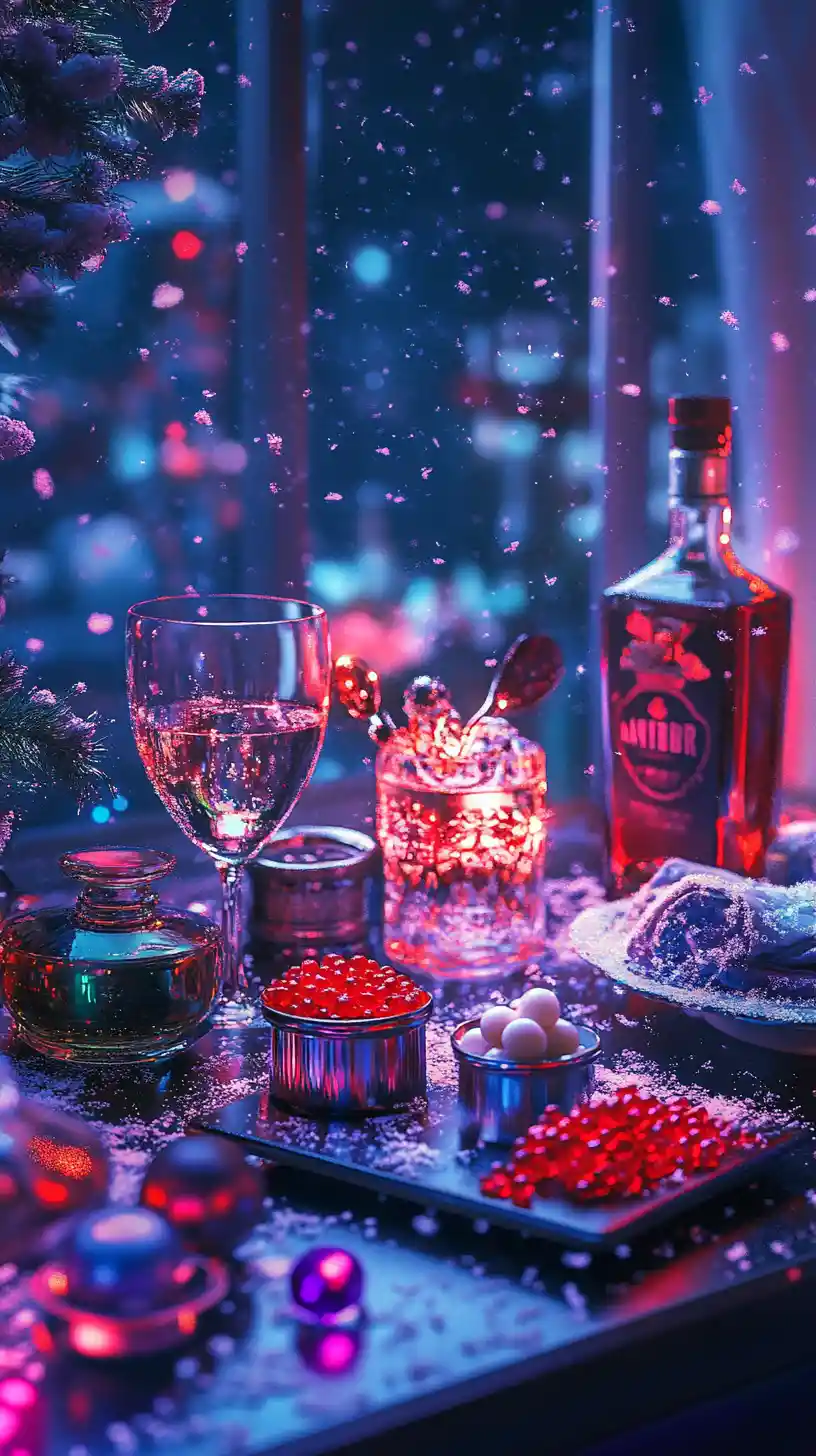 Rooftop New Year table with caviar and festive drinks