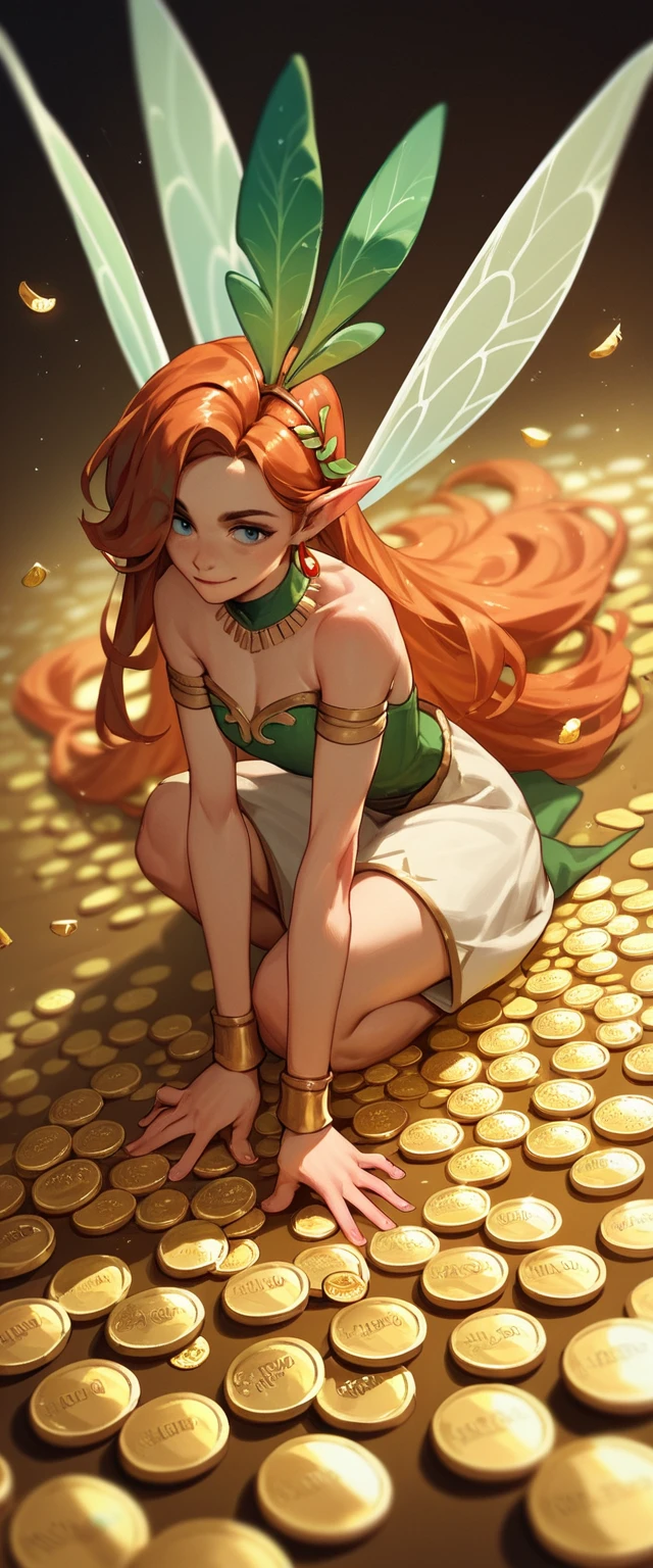 帶著金幣與幸運草的開朗幸運仙子