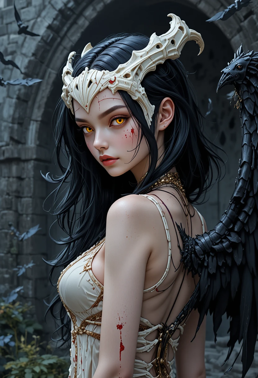 Dark winged anime woman with bone crown in ruins