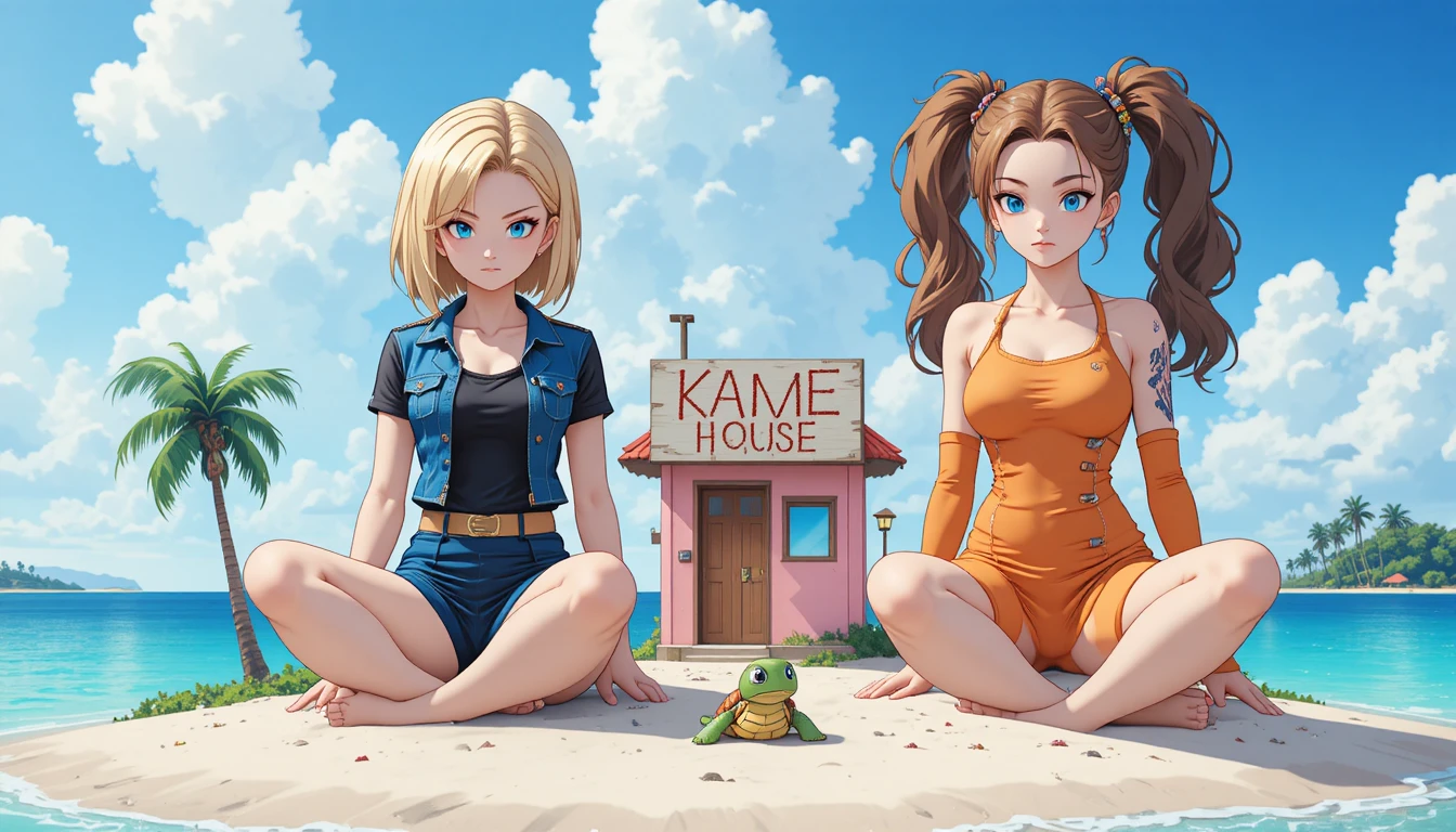 Due donne anime giganti su una minuscola isola tropicale