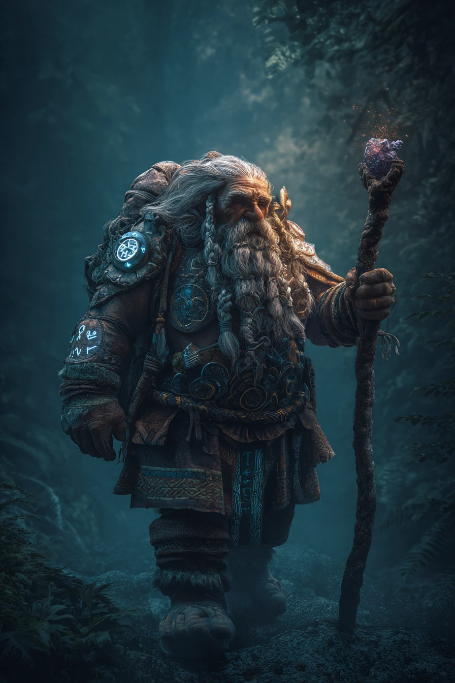 Dwarf wizard with glowing runes in a dark forest