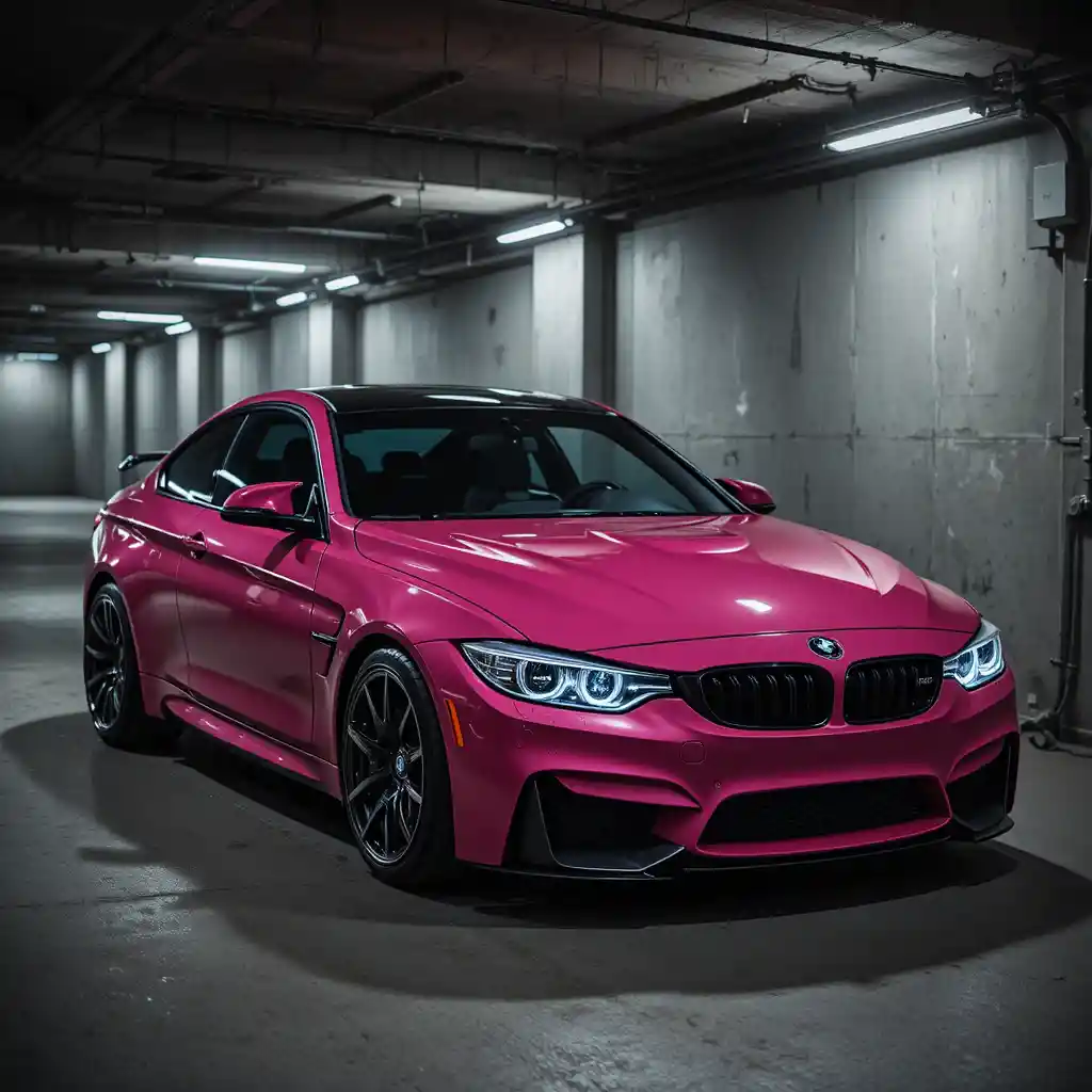 Carro BMW rosa-escuro estacionado em garagem subterrânea à noite