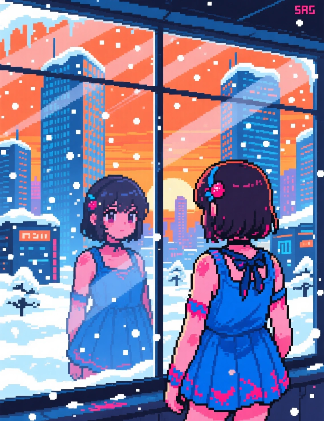 Pixel-Art-Stadtlandschaft mit Anime-Mädchen im verschneiten Sonnenuntergang