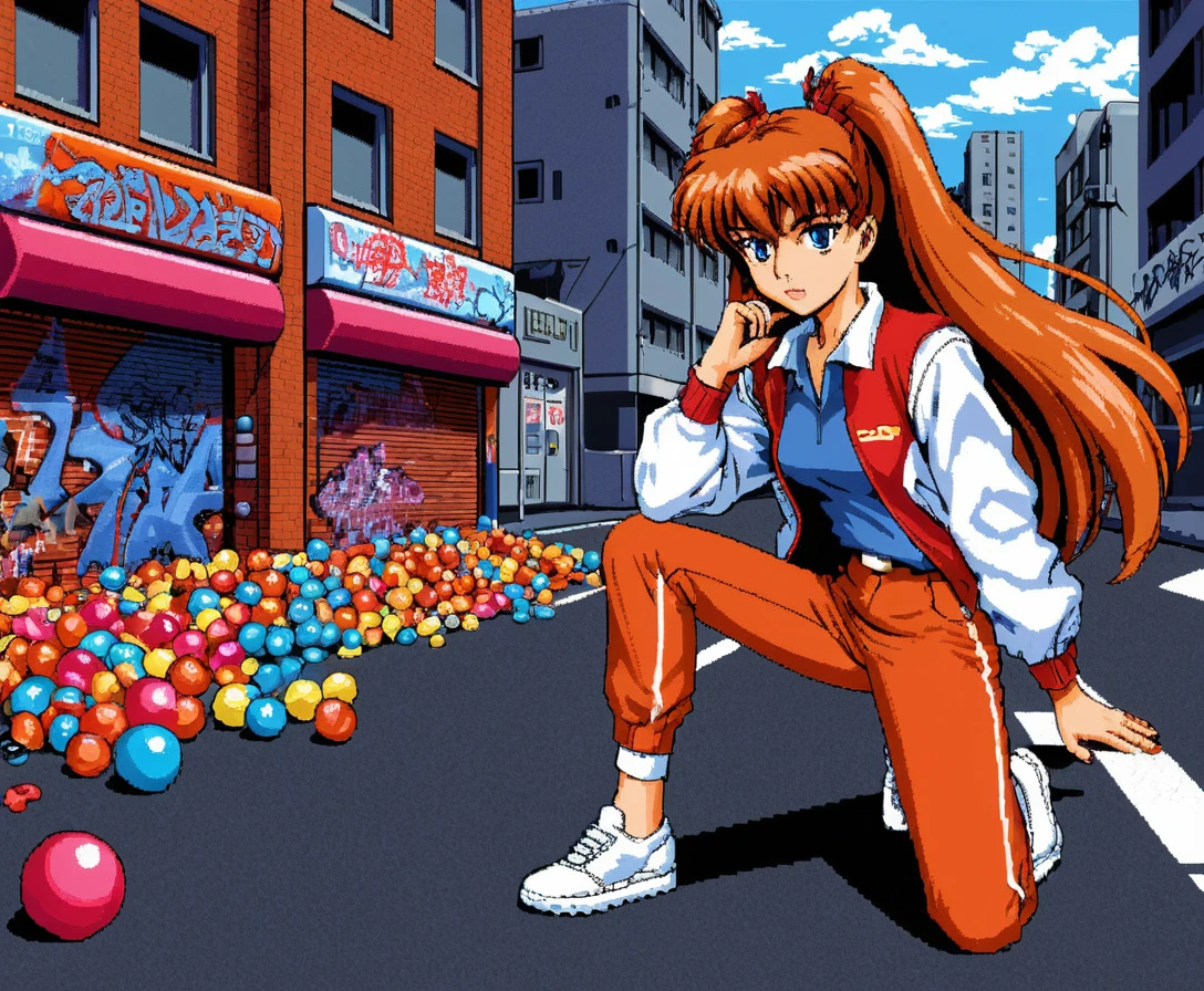 Retro-Pixelart-Anime-Mädchen sprüht Graffiti auf Stadtstraße
