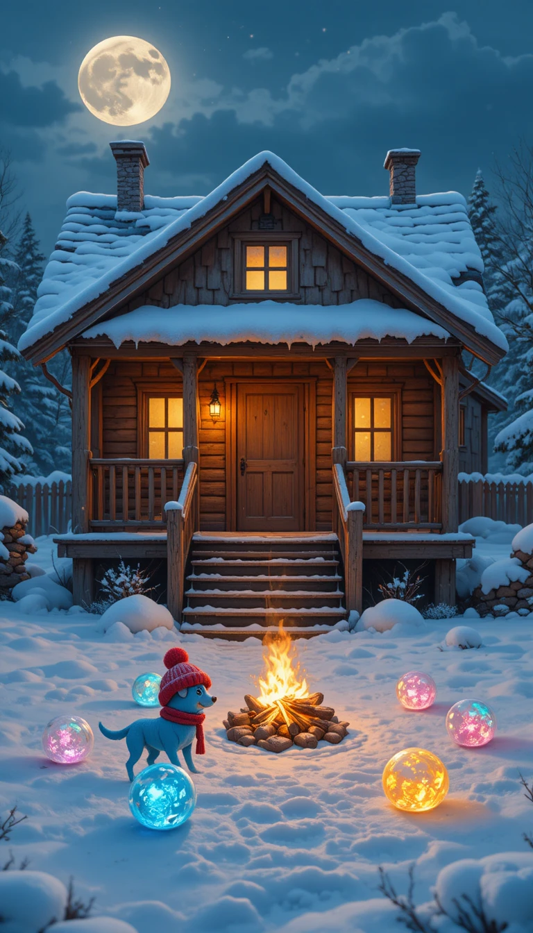 Chalet en bois douillet et feu de camp par une nuit d’hiver enneigée