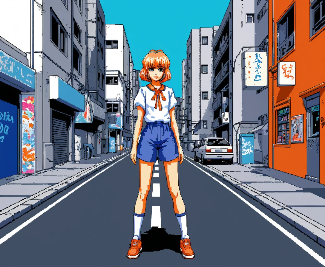 Pantalla de juego en pixel art con chica anime etiquetando un muro de la ciudad