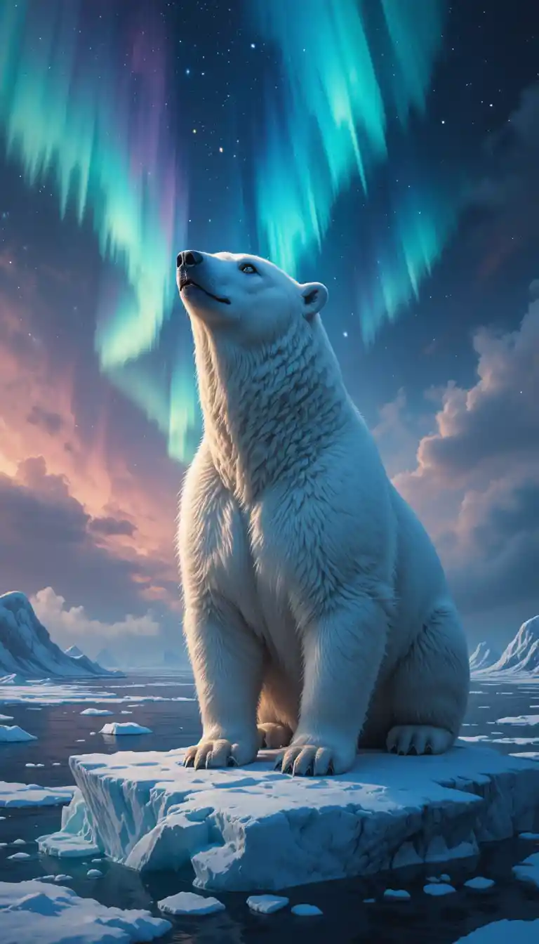 Ours polaire sur un iceberg sous un ciel d’aurore lumineuse