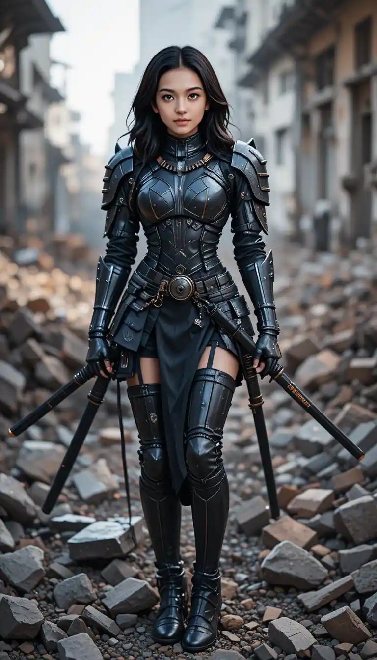 Cyberpunk woman in black armor standing on urban rubble