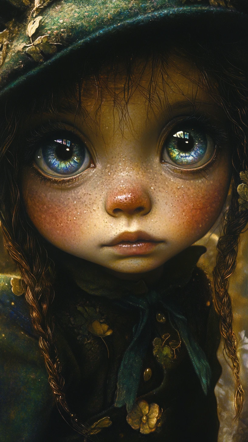 Baby leprechaun con occhi sfumati e scintillanti in una soffice arte fantasy