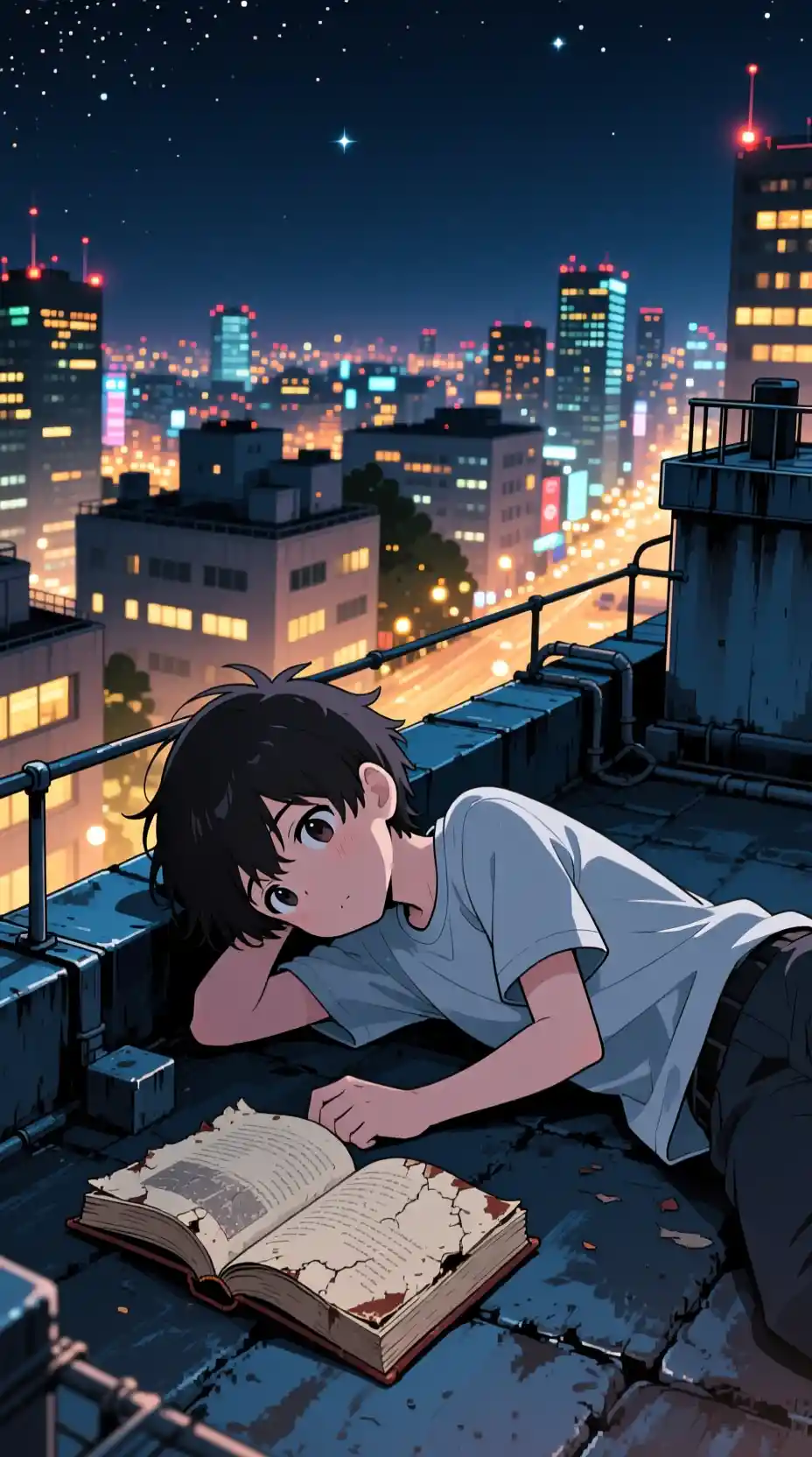 Lonely Anime Boy Resting On A City Rooftop At Night