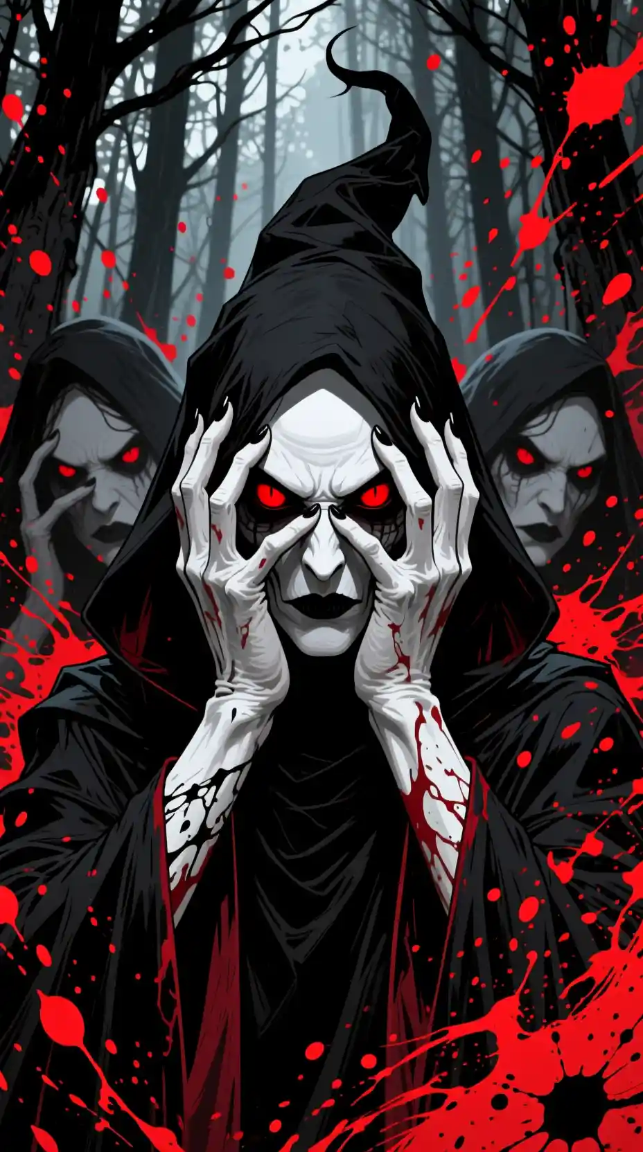 Nahaufnahme von Hexen, die ihre purpurroten Augen im dunklen Wald verbergen