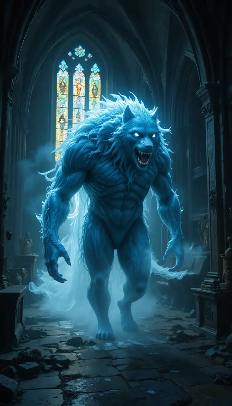 Ghostly wolf wandering through an ancient gothic castle