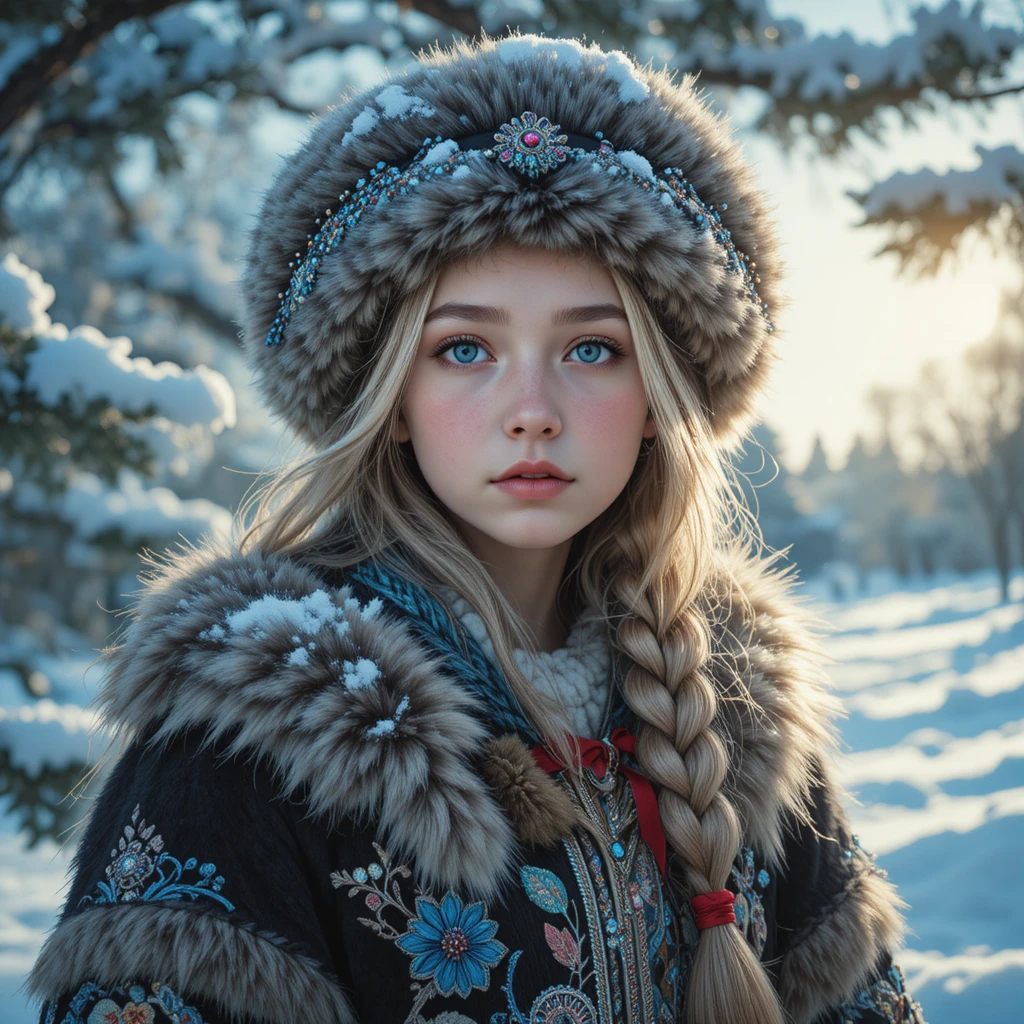 夕陽下雪松林中的憂鬱藍眼女孩