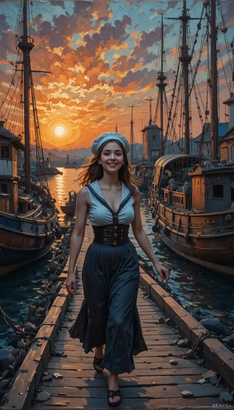 Marin femme riant dans un vieux port au coucher du soleil
