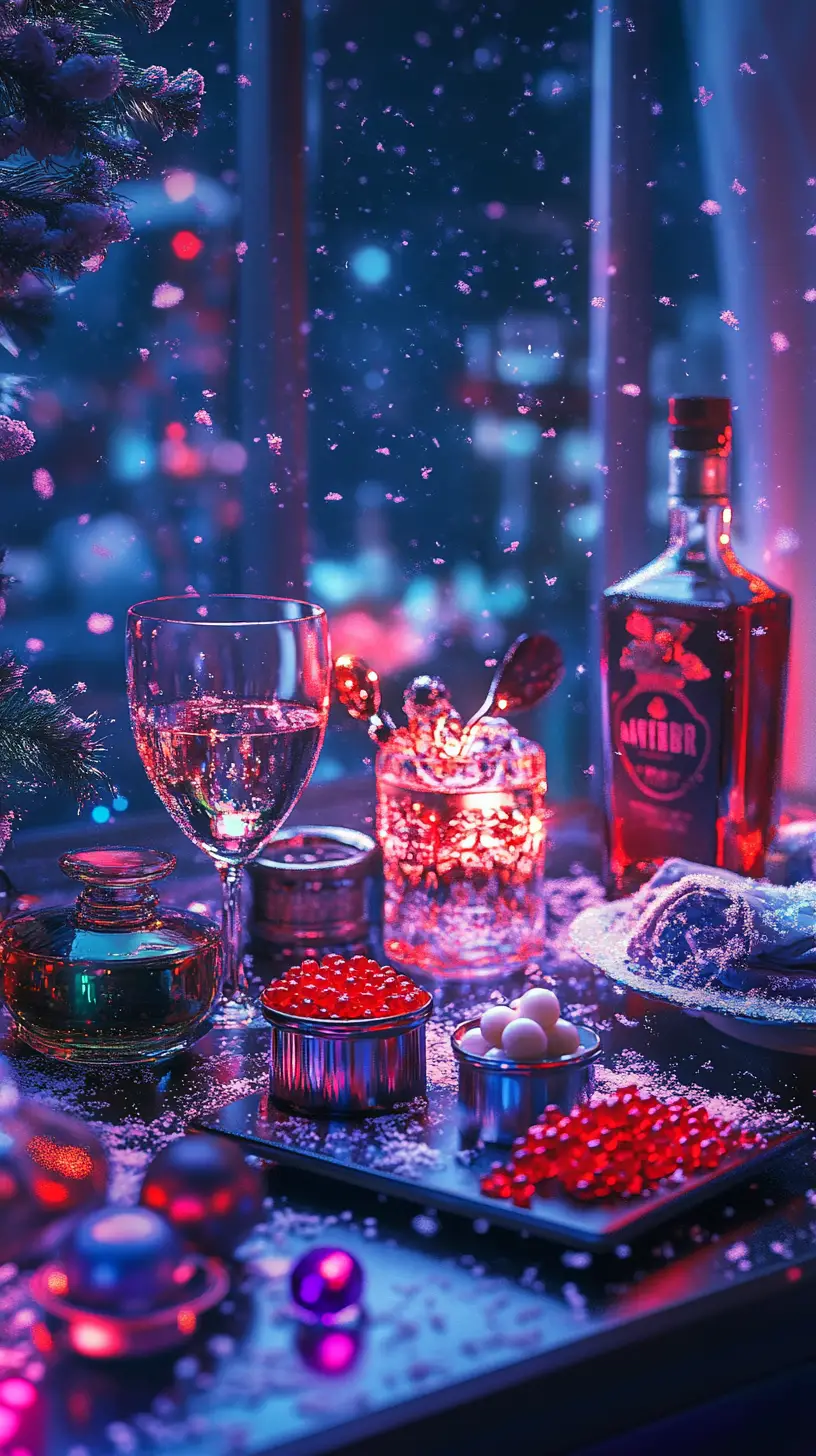 Table de Nouvel An sur rooftop avec caviar et cocktails festifs