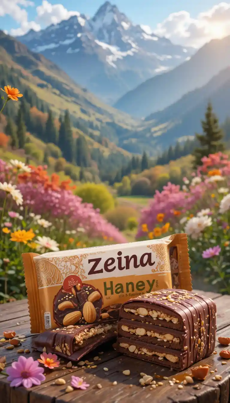 Chocolate biscuit bar with nuts on wooden table