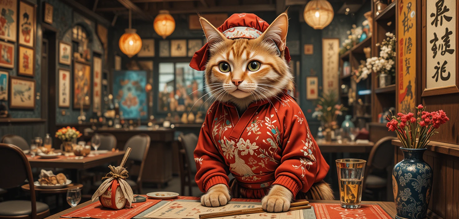 Gatto chef di sushi con maglione rosso che decora un accogliente albero di Natale