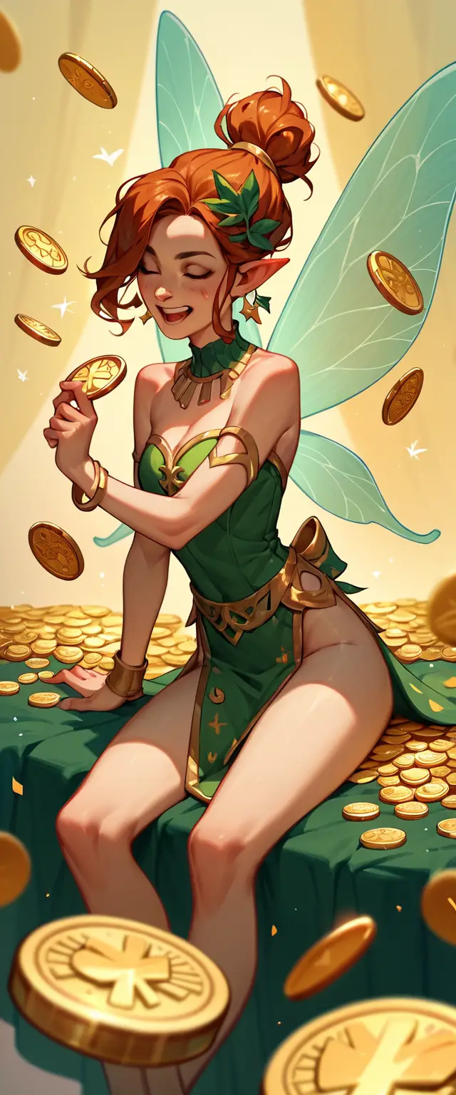 坐在金幣與幸運草中的財運小精靈
