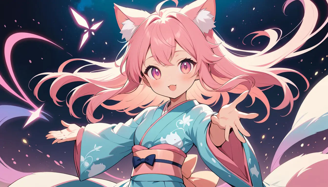 Anime-Katzenmädchen, das weiche magische Funken wirkt