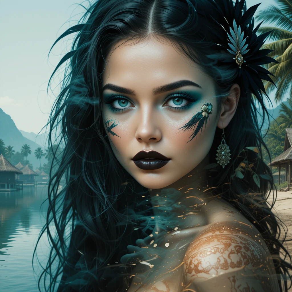 Double exposure portrait of woman with tropical river landscape