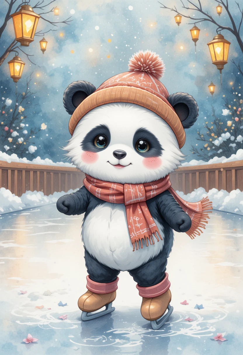 Panda fofo patinando em uma pista de gelo iluminada por lanternas