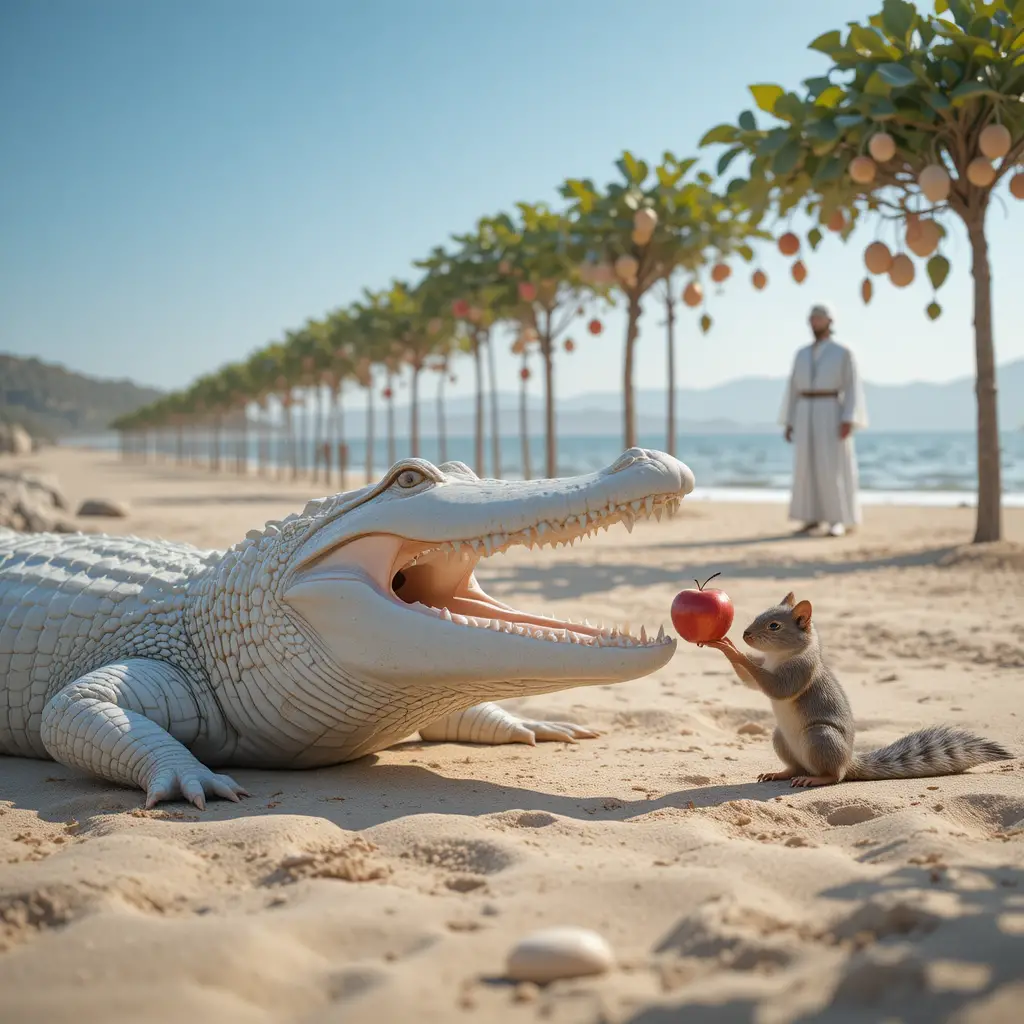 White crocodile resting on a sandy beach with small squirrel