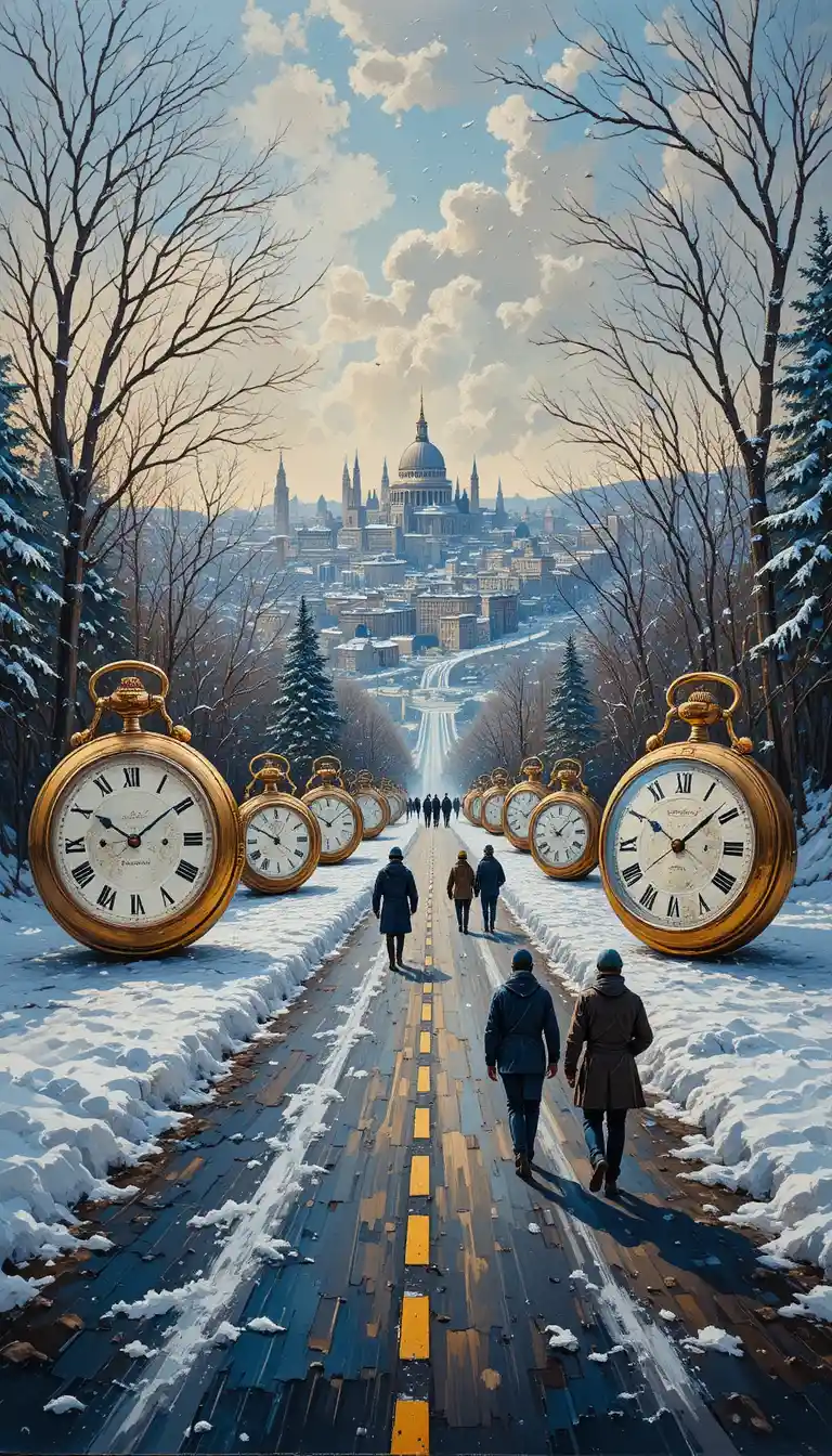 Surreal snowy city street with giant pocket watches