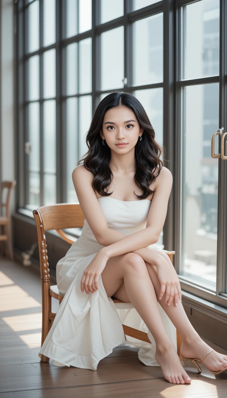 햇살이 비치는 창가의 흰 원피스를 입은 젊은 여성