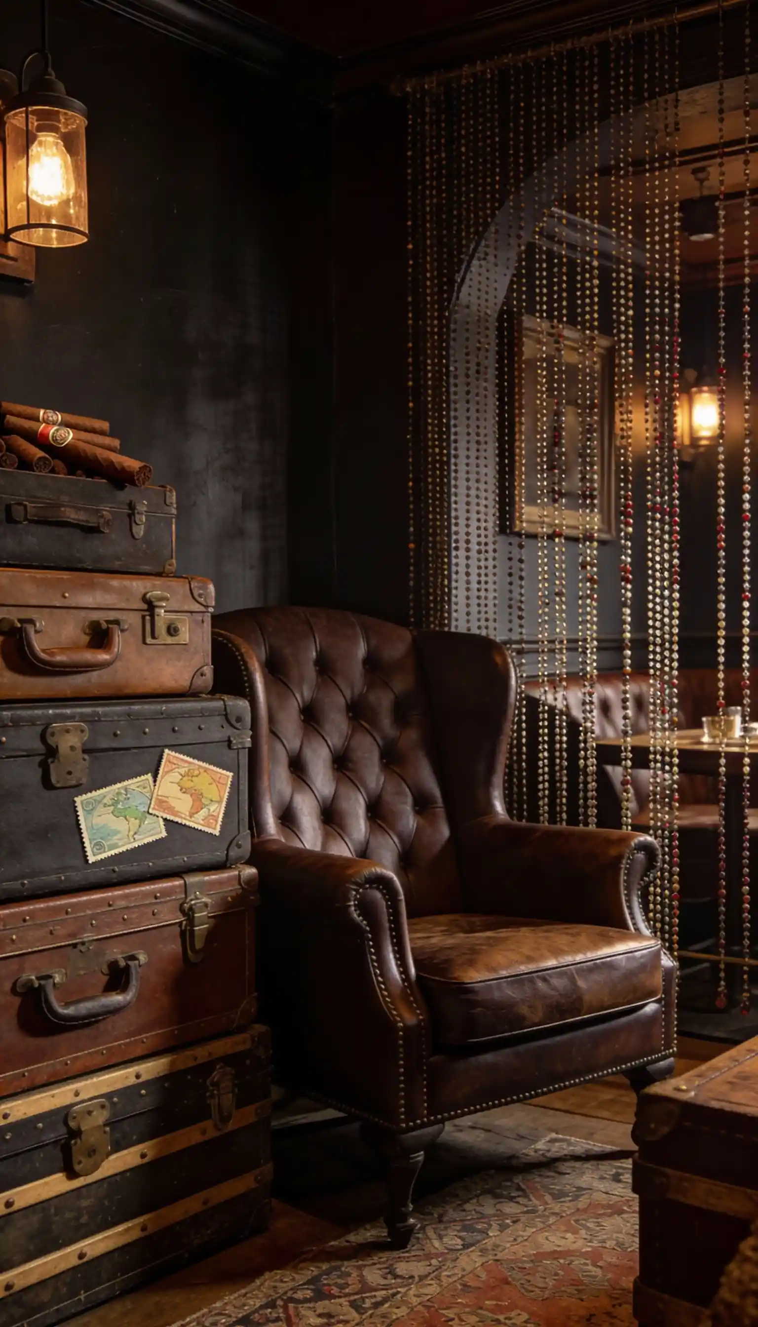Gemütige Zigarrenlounge mit Vintage-Koffern und Ledersessel