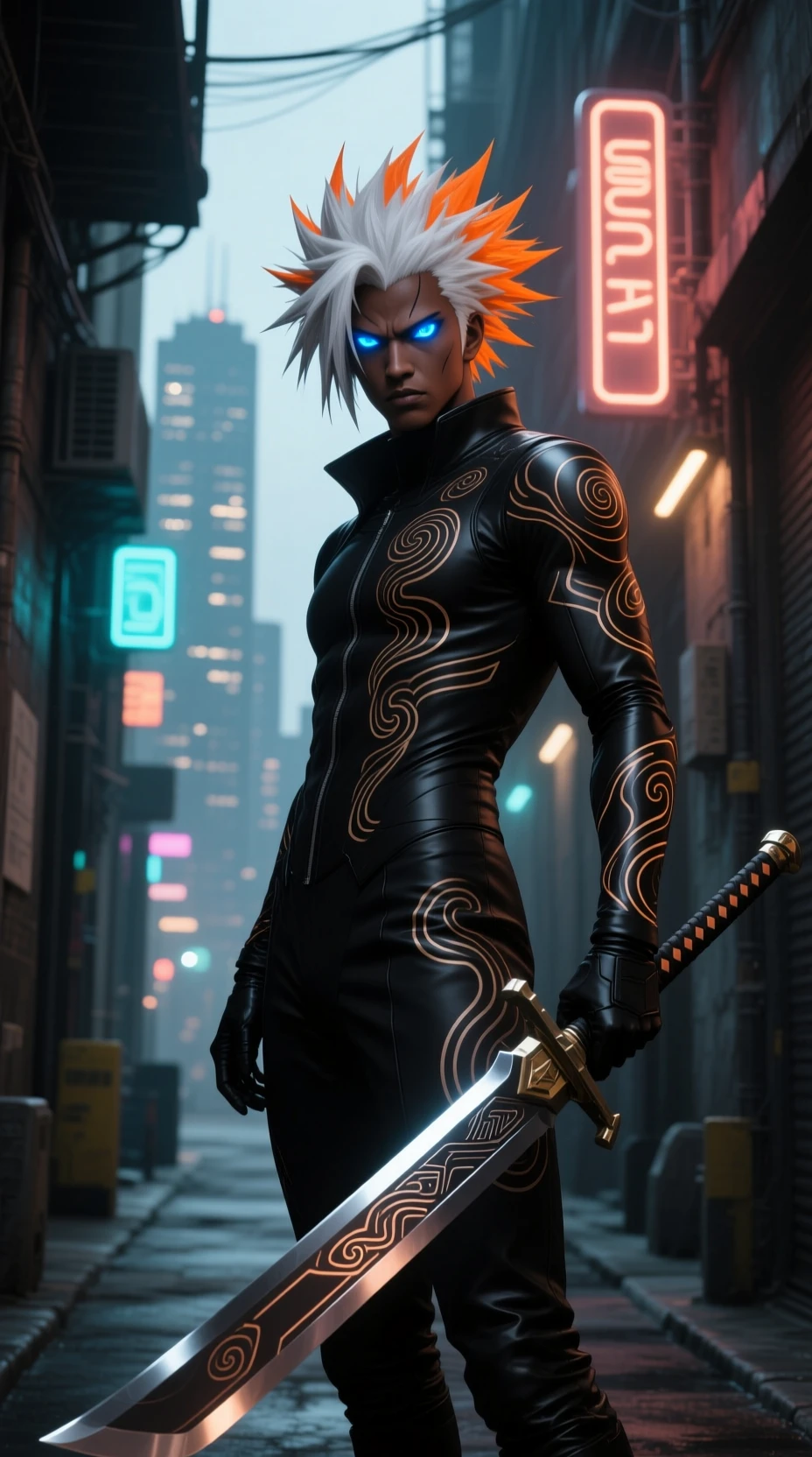 Futuristic warrior in neon lit alley with glowing cityscape