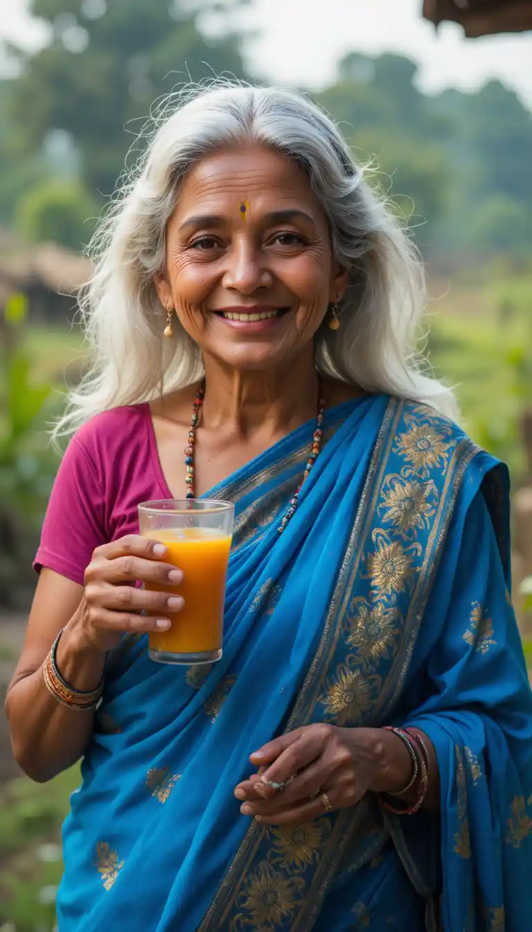 Femme âgée en sari bleu dans un village rural paisible