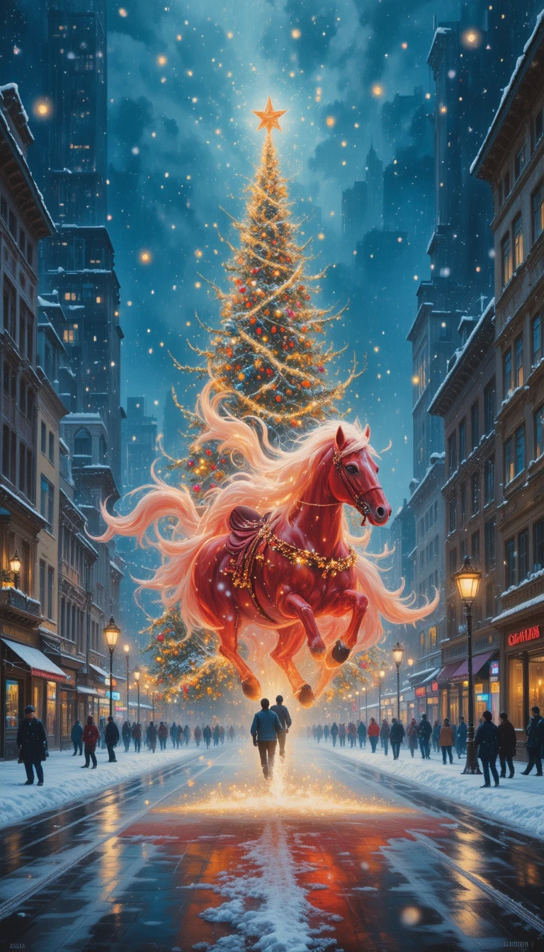 Red ghost horse racing through snowy festive city street