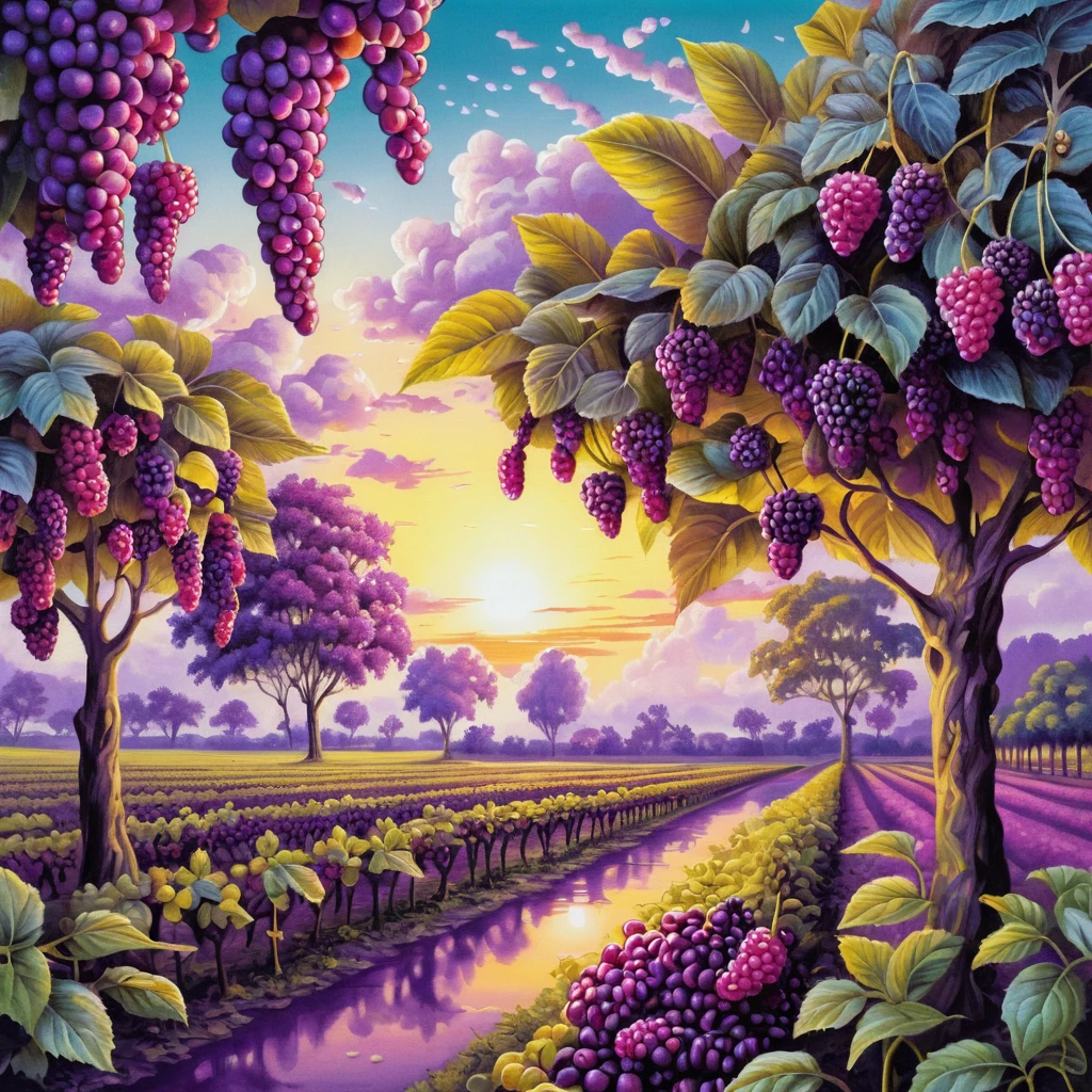 Plantation au lever de soleil surréaliste dans un paysage de rêve violet et jaune