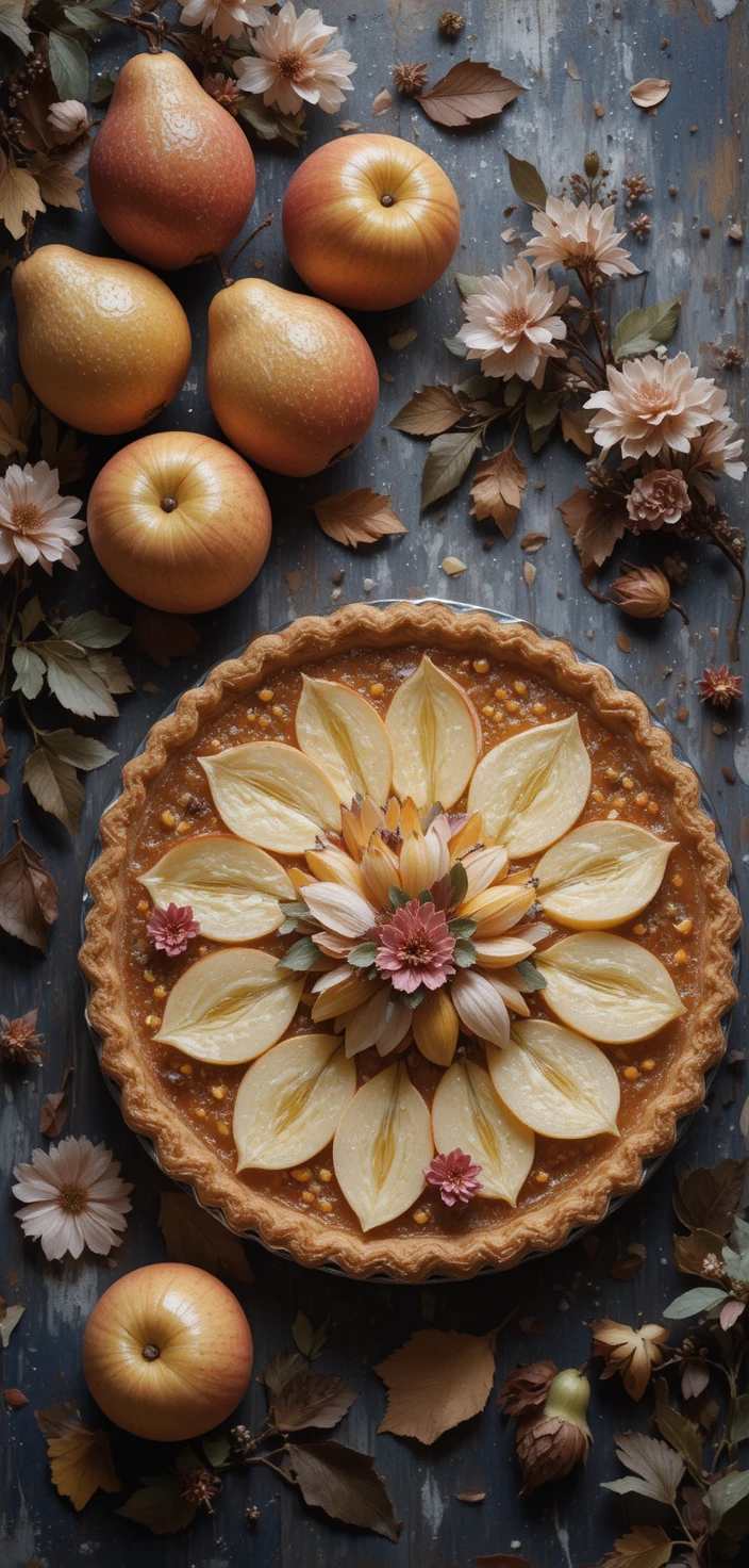 Top down view of apple and pear pie with floral decor