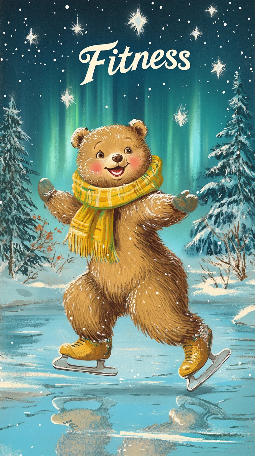 Smiling Skating Bear Under Northern Lights Christmas Scene