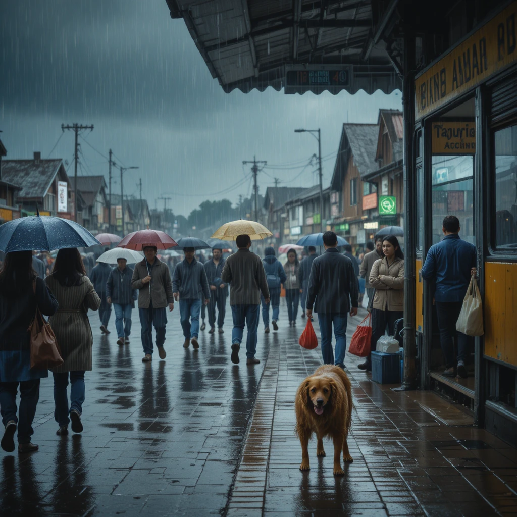 Cão solitário tremendo em um ponto de ônibus na cidade chuvosa