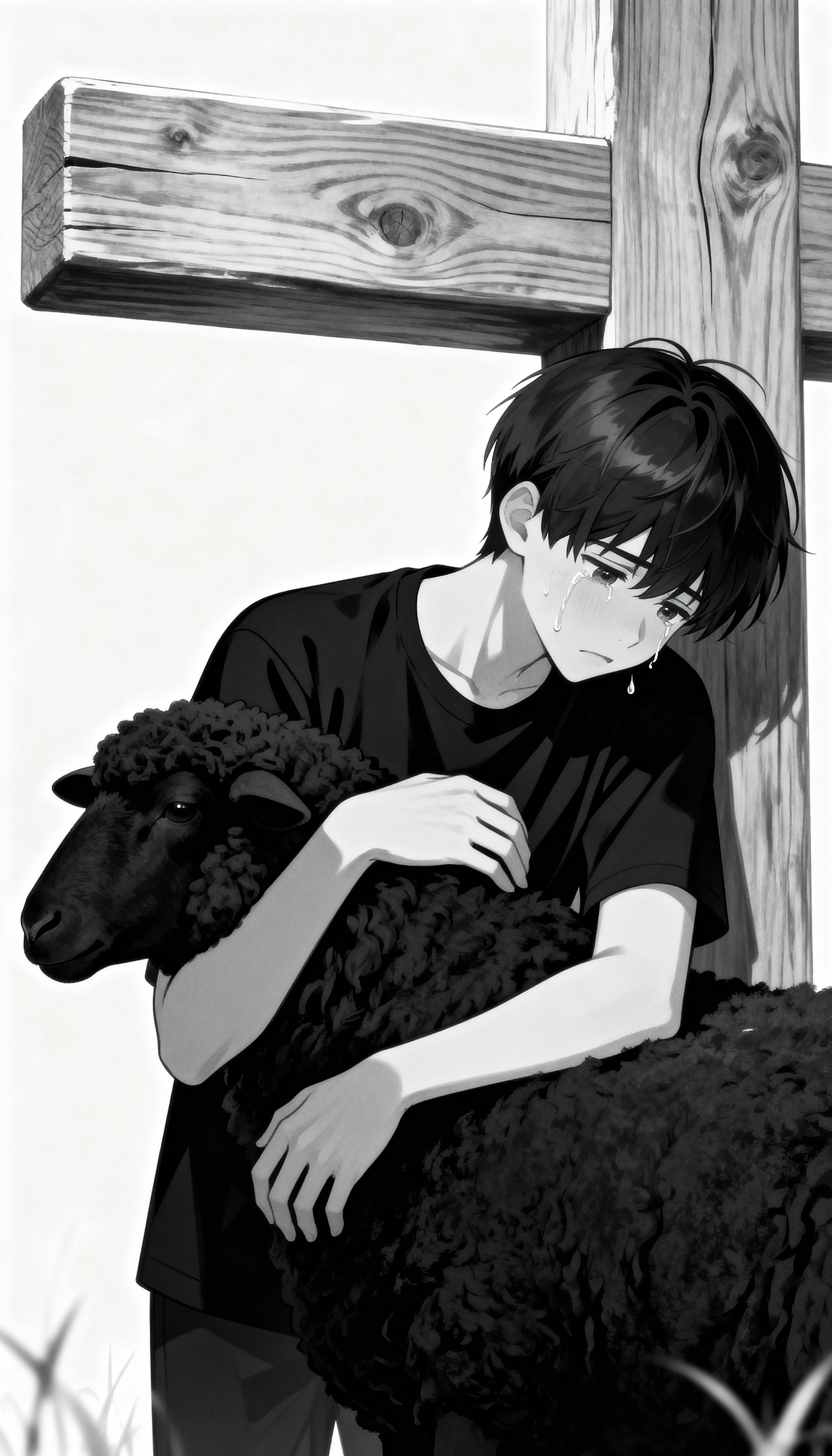 Chico de anime consolando a una oveja negra frente a una cruz de madera