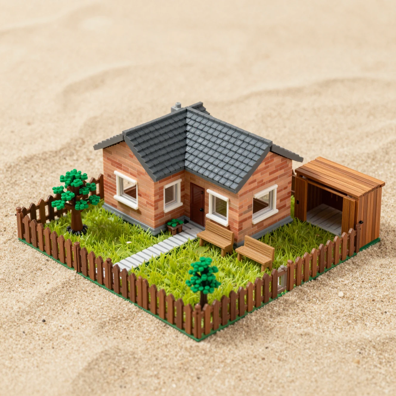 Casa de Tijolos em Miniatura com Quintal Cercado na Areia